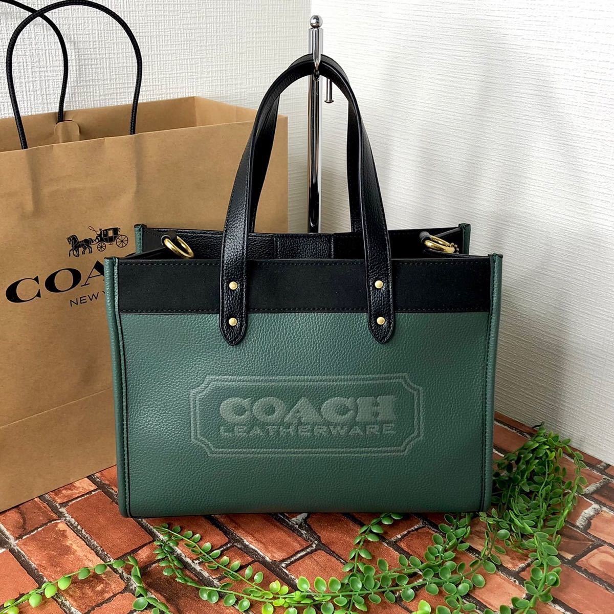 新品】COACH トート ハンドバッグ ショルダーバッグ モスグリーン ロゴ大-