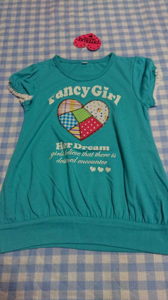 ♪140☆未使用・保管品☆CUTEBLUE☆パフ袖 パッチワークのかわいいTシャツ 緑120②の画像1