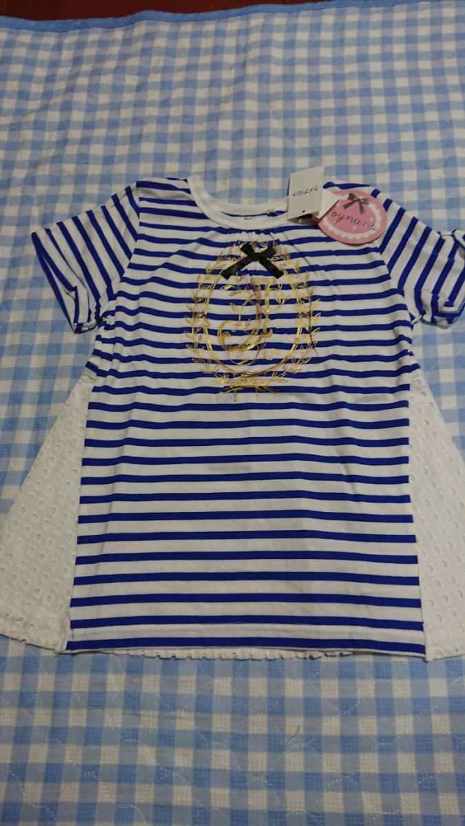 ♪141☆未使用・保管品☆joynana☆スクエアーレースの素敵な半袖Tシャツ　青BD130_画像1