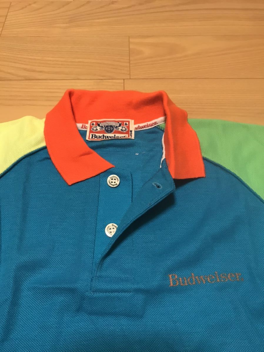 当時物.美品☆90s Budweiser／バドワイザー メンズL 半袖鹿の子ラグランポロシャツ・両面ロゴマーク入&ネオンカラー.クレイジーパターン！_画像5