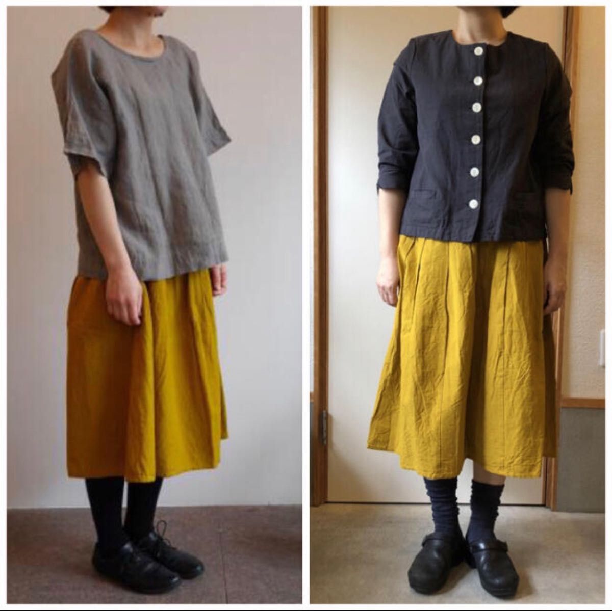 美品 ヤンマ産業 yamma 会津木綿 タックスカート 標準丈 カラシ