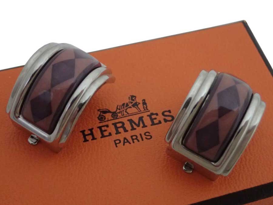 エルメス HERMES イヤリング 七宝焼き エナメル/メタル シルバーｘパープル e53407a