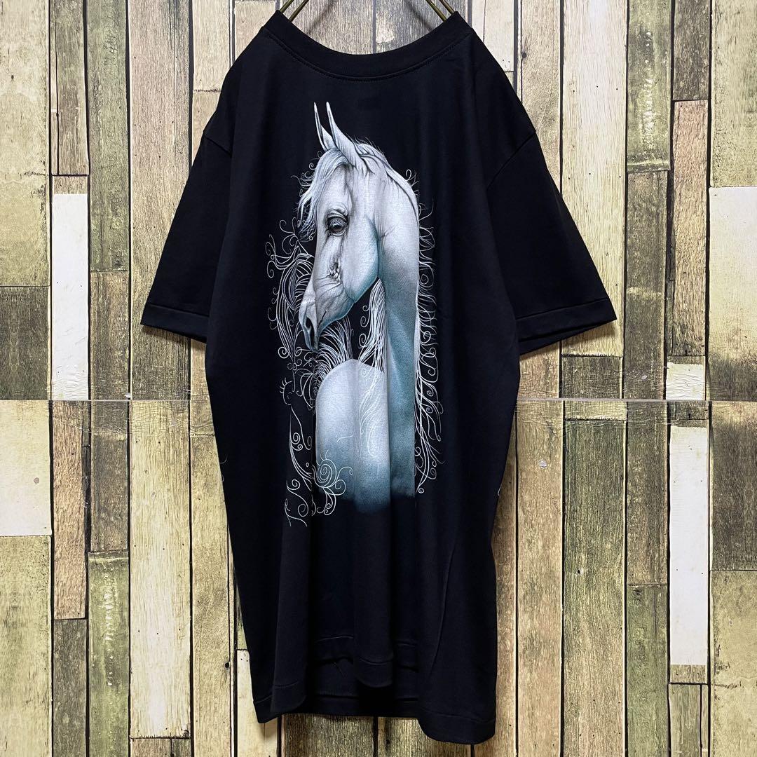 《人気デザイン》White horse2 黒☆Tシャツ L ビッグプリント