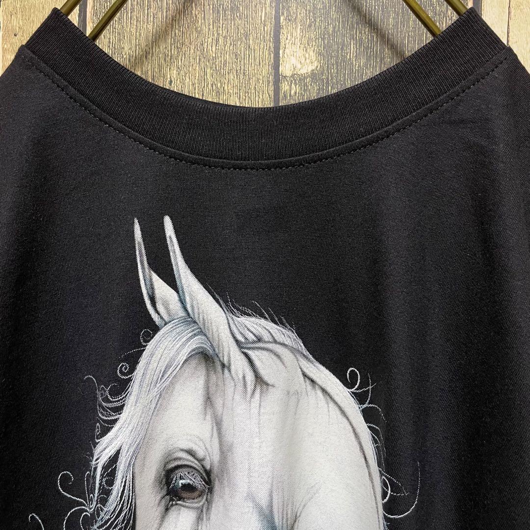 《人気デザイン》White horse2 黒☆Tシャツ L ビッグプリント