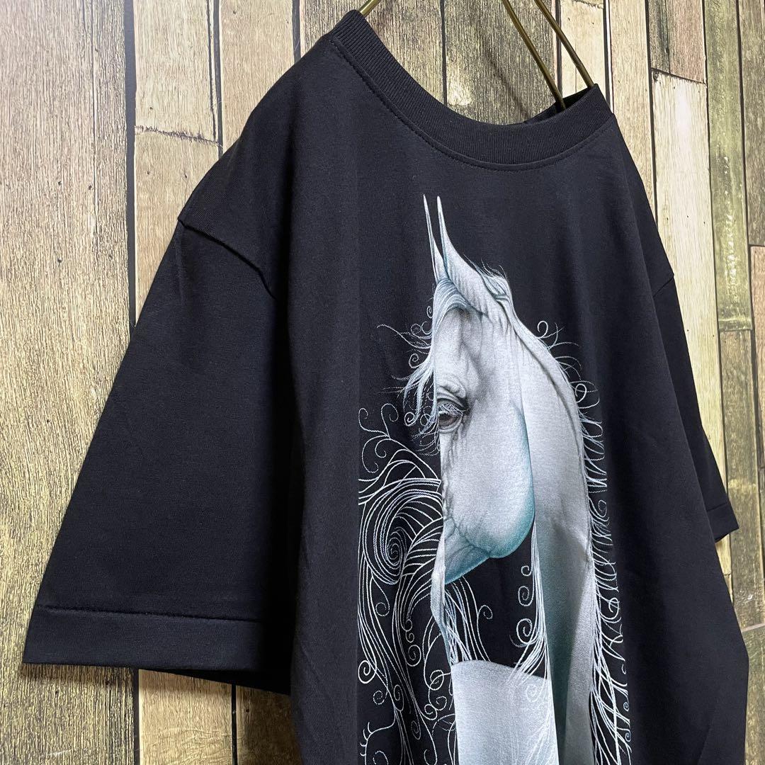 《人気デザイン》White horse2 黒☆Tシャツ L ビッグプリント