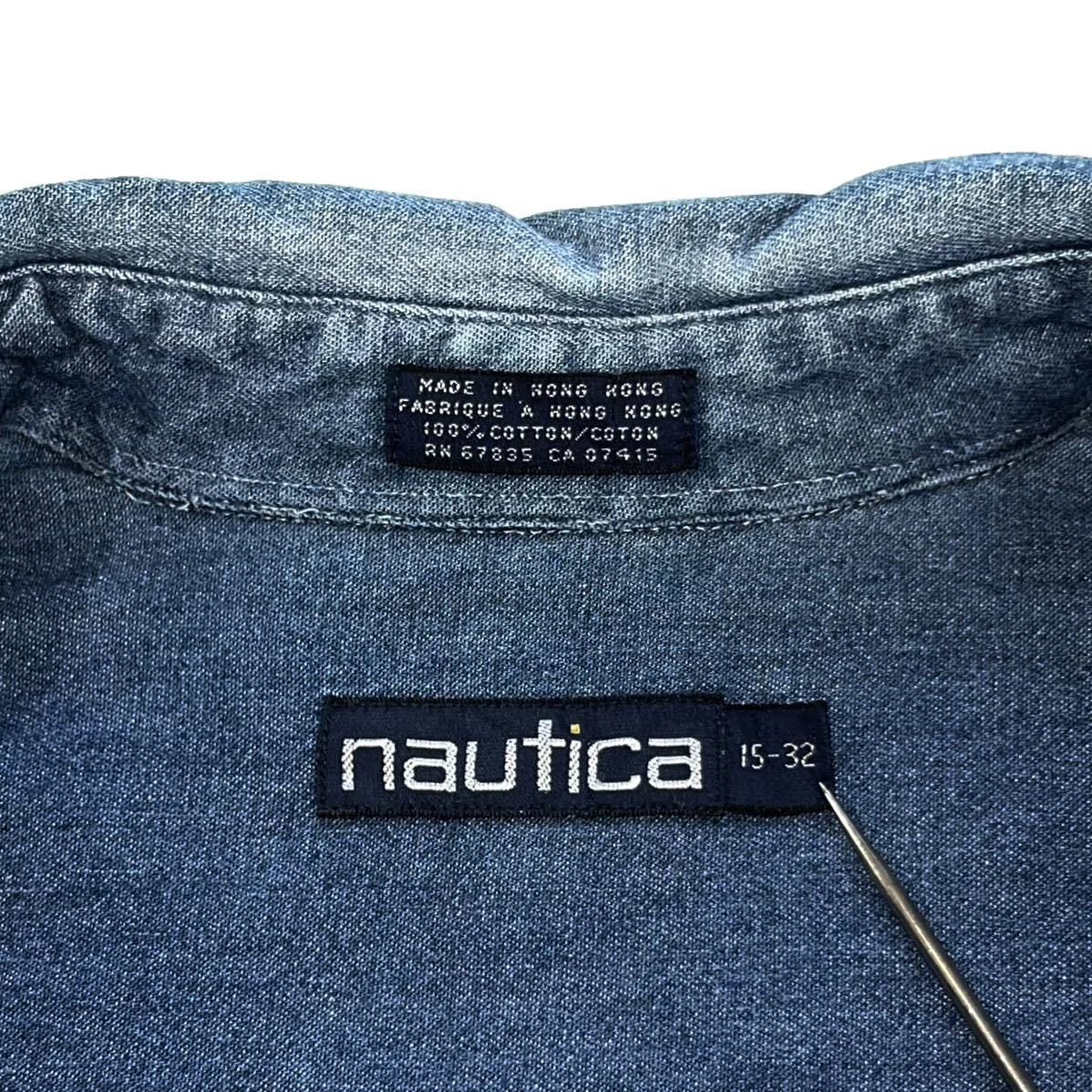 【90s】NAUTICA ノーティカ ボタンダウン 長袖シャンブレーシャツ メンズ15-32 M相当 インディゴブルー ワンポイント デニム 古着 USEDの画像9