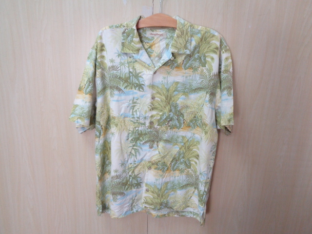 b647◆Tommy Bahama アロハシャツ◆トミーバハマ size:L グリーン系 総柄 シルク100％ メンズ 半袖シャツ ハワイアン 開襟シャツ 古着 5E_画像1