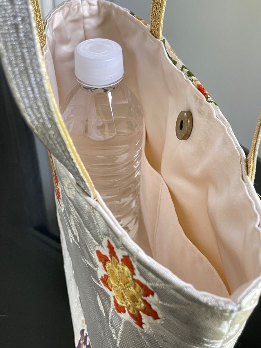 帯リメイクバッグ オレンジの花文 トートバッグ Mサイズ 和装バッグ