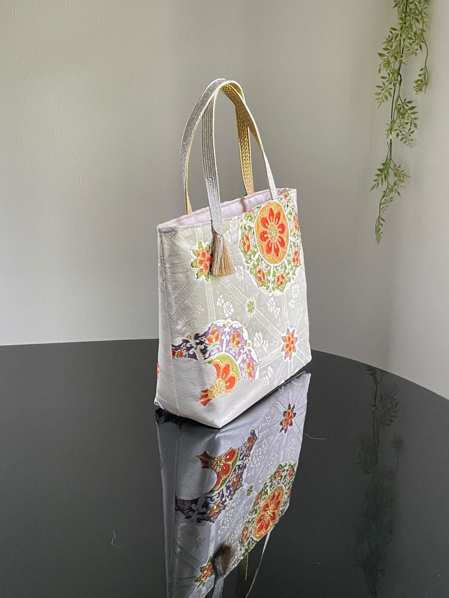 帯リメイクバッグ オレンジの花文 トートバッグ Mサイズ 和装バッグ