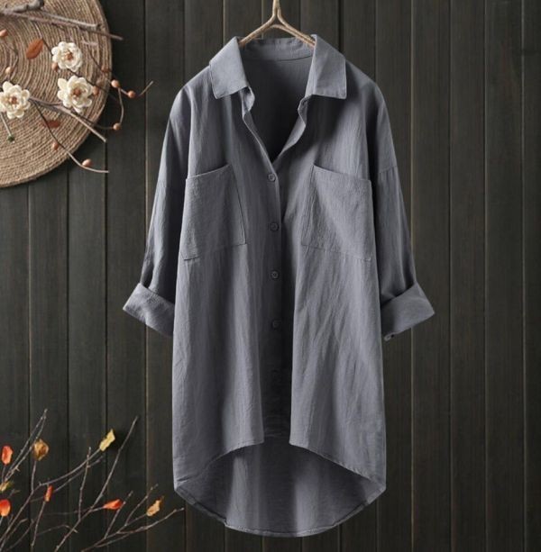 S~2XL size # autumn new goods natural easy wonderful original undecorated fabric cotton flax large size long sleeve shirt tunic * green 