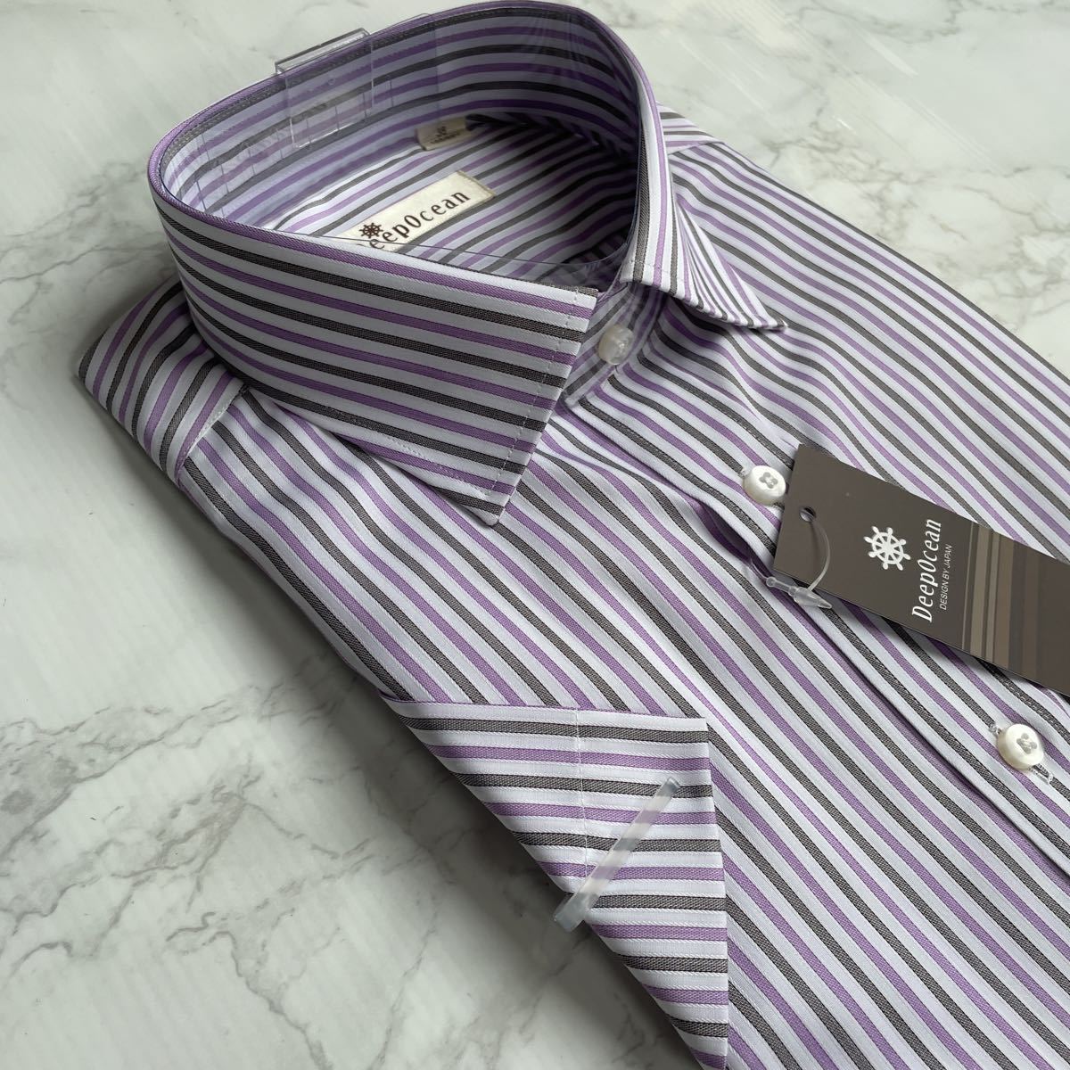 【送料無料】未使用 半袖 ワイシャツ 綿100% 形態安定 S〜M 首回り38cm レギュラーシルエット 白 紫 グレー系 ストライプ ビジネス_画像8