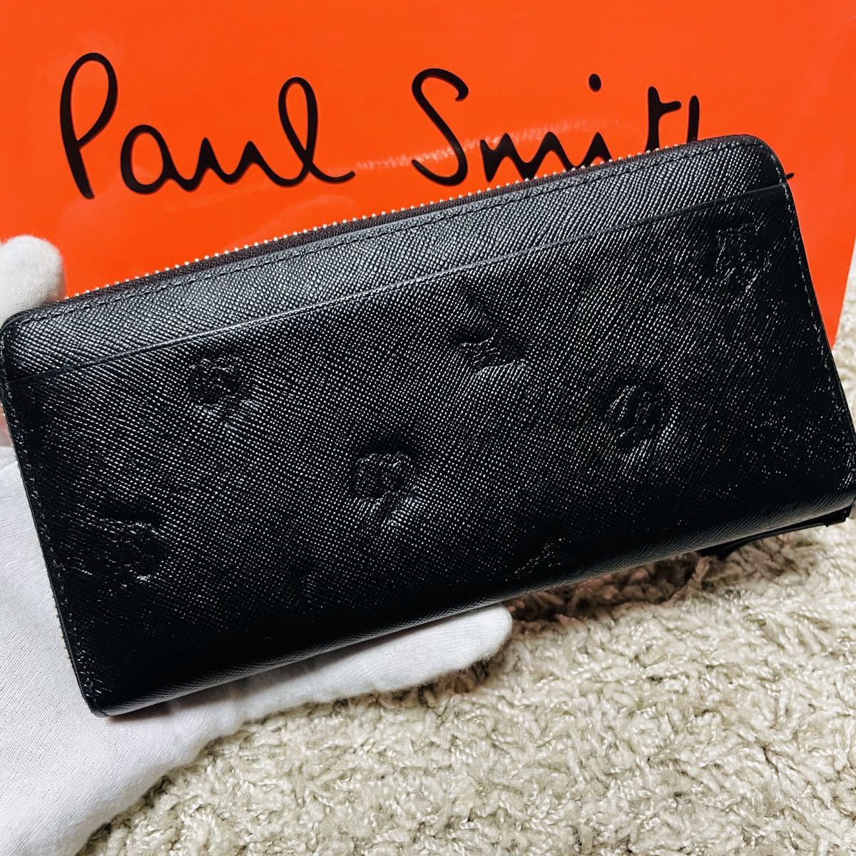 美品 ポールスミス PaulSmith ポールドローイング 長財布 ロングウォレット ラウンドファスナー ブラック バッグ メンズ レディース 8373