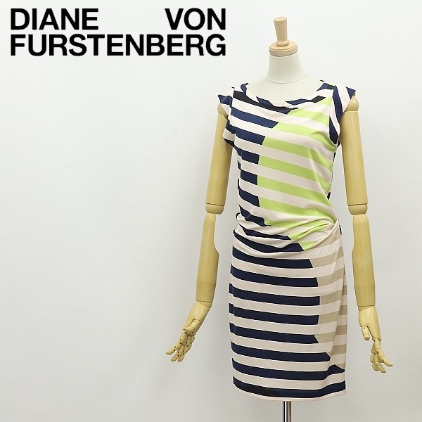 ◆DIANE von FURSTENBERG ダイアンフォン ファステンバーグ GRACA シルクジャージー ボーダー柄 サイドドレープ ノースリーブ ワンピース 2