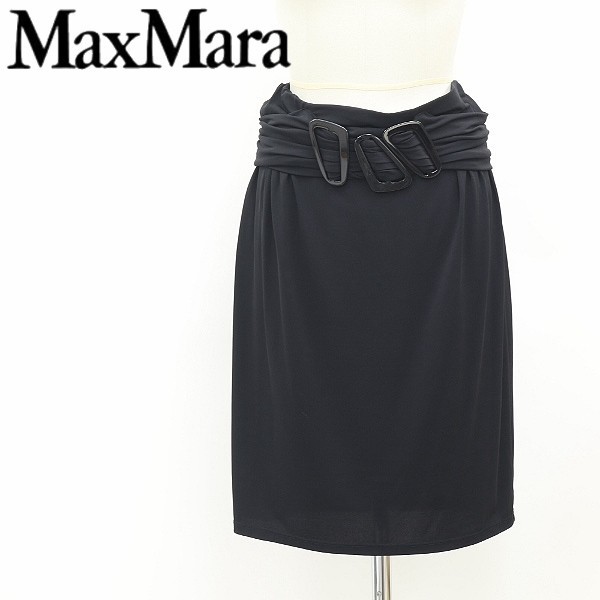 白タグ◆Max Mara マックスマーラ ストレッチ バックルデザイン スカート 黒 ブラック_画像1