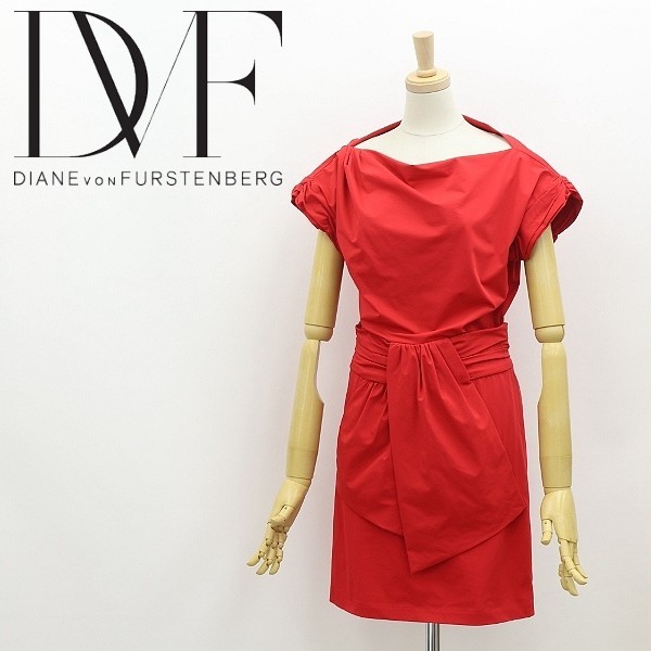 ◆DIANE von FURSTENBERG ダイアンフォン ファステンバーグ HEATON ストレッチ ドレープ スラッシュドネック ワンピース 赤 レッド 2