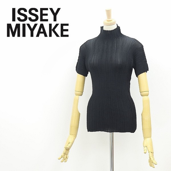 ◆ISSEY MIYAKE PLEATS (T.) イッセイミヤケ プリーツ プリーツ加工 ハイネック 半袖 トップス 黒 ブラック 3の画像1