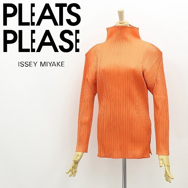 美品◆PLEATS PLEASE プリーツ プリーズ イッセイミヤケ プリーツ加工 ハイネック トップス オレンジ F