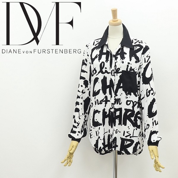 美品◆DIANE von FURSTENBERG ダイアンフォン ファステンバーグ 英字 総柄 クリレック シャツ ブラウス ホワイト×ブラック 2_画像1