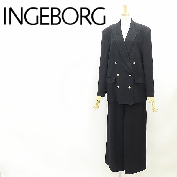 ◆INGEBORG インゲボルグ デザインボタン ダブル ジャケット＆リボン付 ワイド パンツ スーツ セットアップ 黒 ブラック