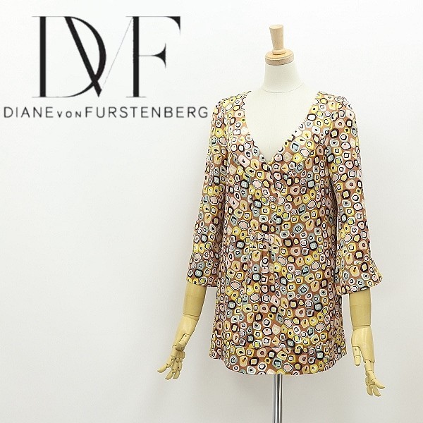 ◆DIANE von FURSTENBERG ダイアンフォンファステンバーグ シルク100％ 総柄 サイドスリット 七分袖 フレアスリーブ チュニック トップス 2_画像1