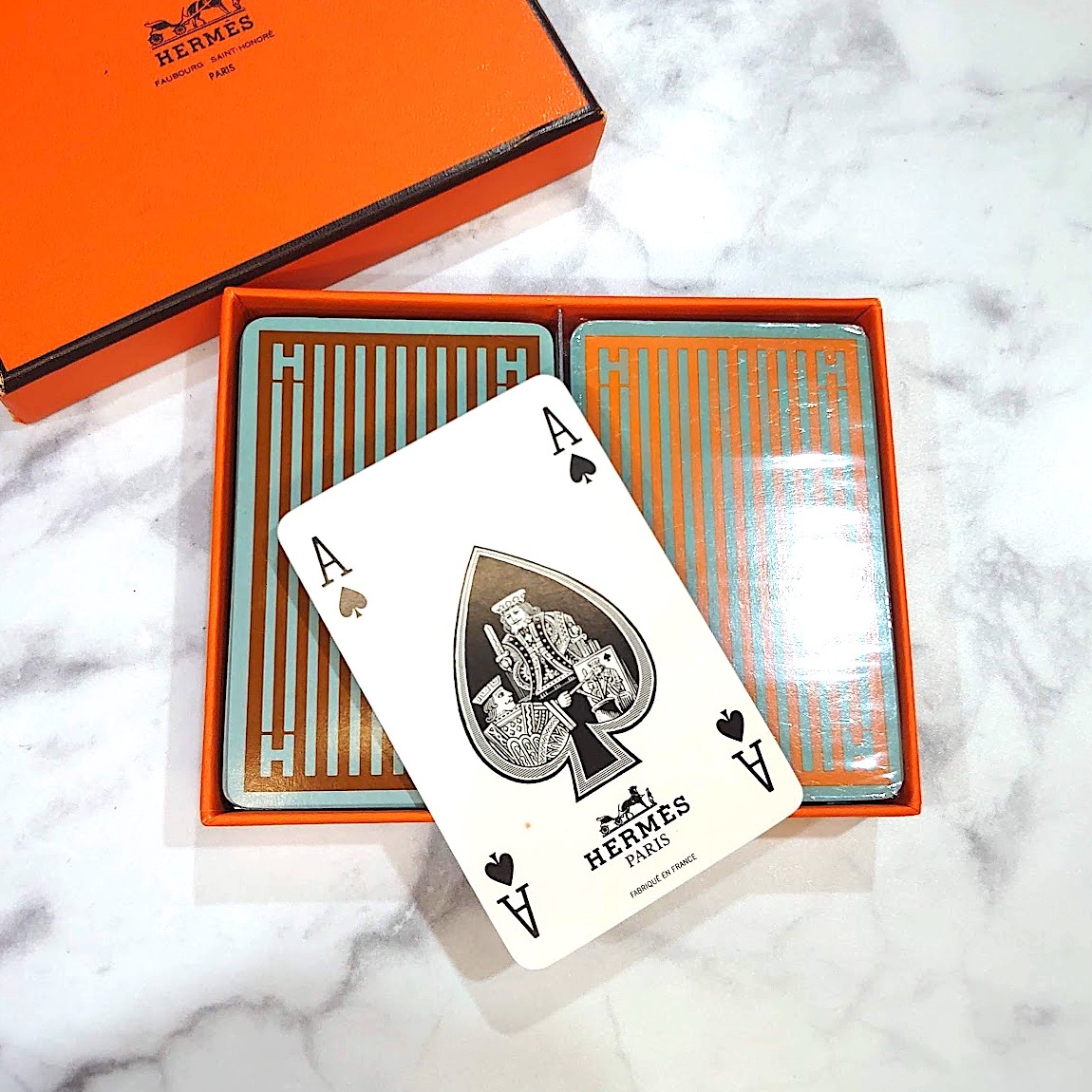 [ почти не использовался ]HERMES Hermes карты комплект 2 позиций комплект полоса карты стол игра оттенок коричневого orange серия AE1263hZ
