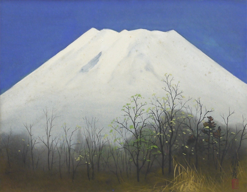 掘り出し日本画作品! 作者不詳 色紙 「早春富士」 正光画廊-