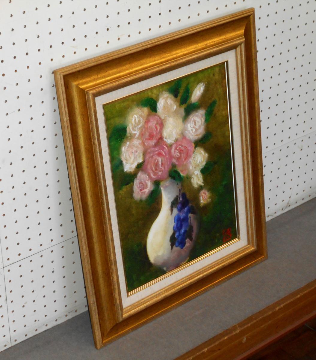 掘り出し油絵作品! 作者不詳 6号 「バラ」 正光画廊-