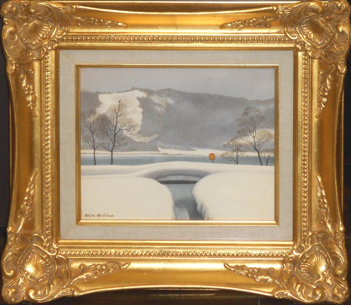 貫名獅郎　　３号　　「余呉湖雪景」　　油彩画　　　【正光画廊・5500点出品中・お好きな作品が見つかります】