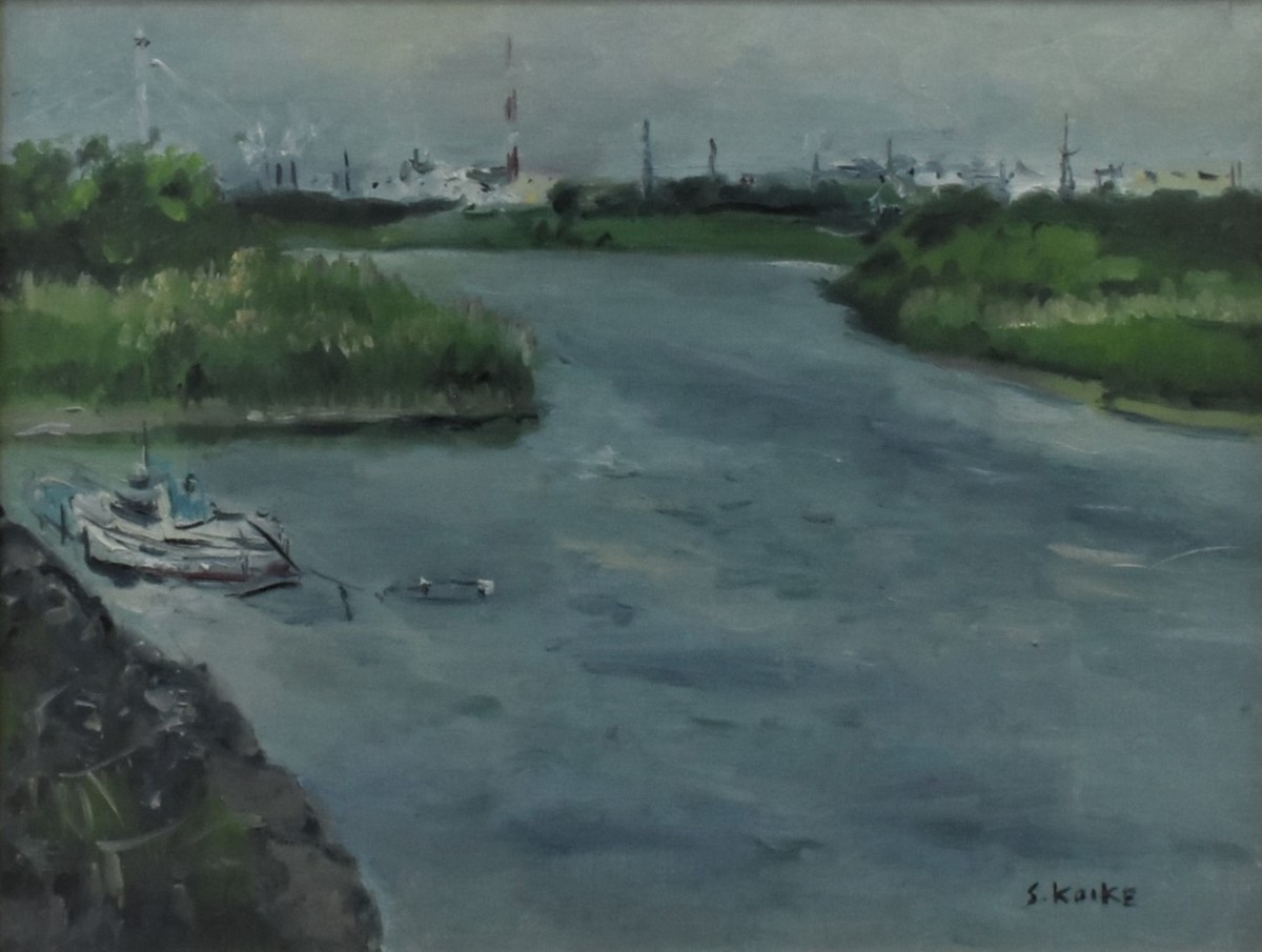 掘り出しオススメ油絵作品! 小池清文 6号 「海沿いの街」 正光画廊