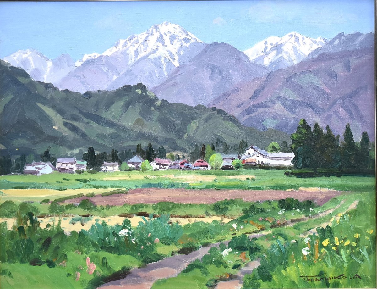 真作】 赤羽忠親 「新緑安曇野(常念ヶ岳)」 油彩画 10P 【正光画廊
