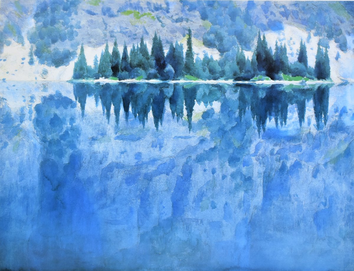 神秘的な湖が東山調の色使いで描いています　東山魁夷　　複製画　「みずうみ」【正光画廊・5000点出品中！お好みの作品が見かります】