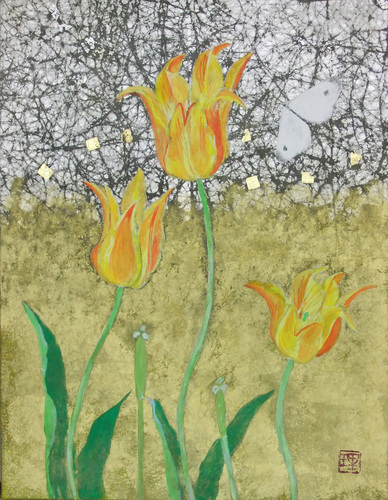 人気日本画家作品　　　　中條理恵子　　3号　　「春の語り（Ⅱ）チューリップ」　　　　【正光画廊】_画像1
