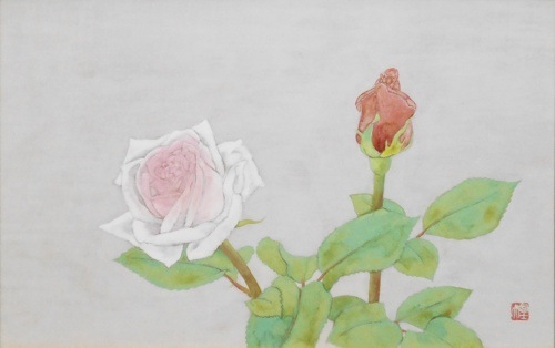 横長の日本画で落ち着いた作品でお買い得です　 岩壁冨士夫　10M 「花薔薇」 【正光画廊・5000点出品中・お好きな作品が必ず見つかります】_画像2