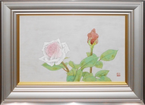 横長の日本画で落ち着いた作品でお買い得です　 岩壁冨士夫　10M 「花薔薇」 【正光画廊・5000点出品中・お好きな作品が必ず見つかります】_画像1