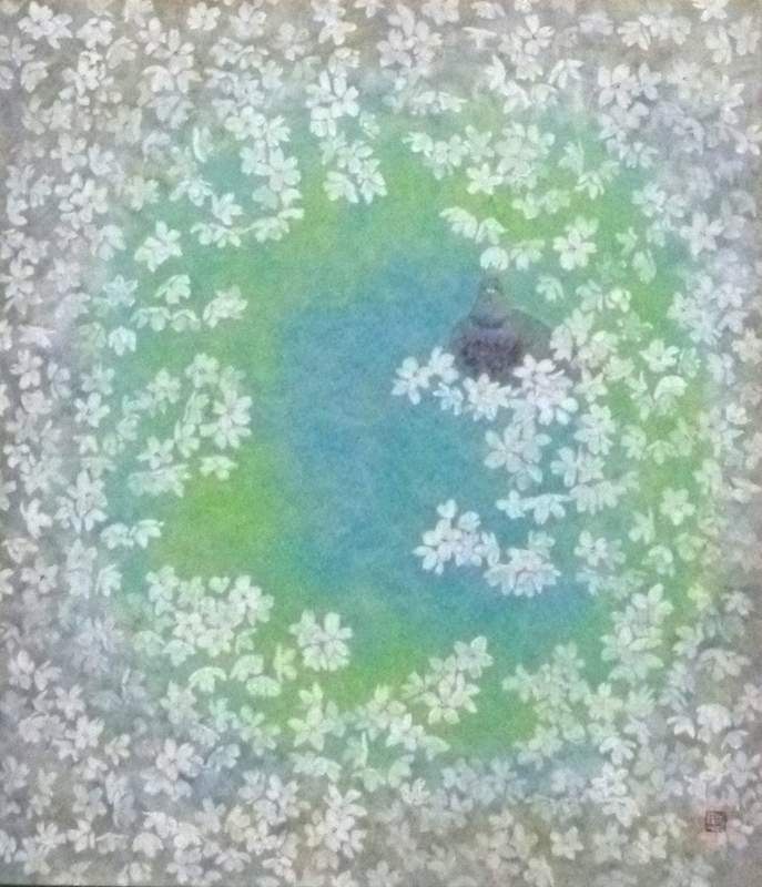 人気日本画家作品！ 中條理恵子 10号 「弥生の空（桜・ハト）」 正光画廊