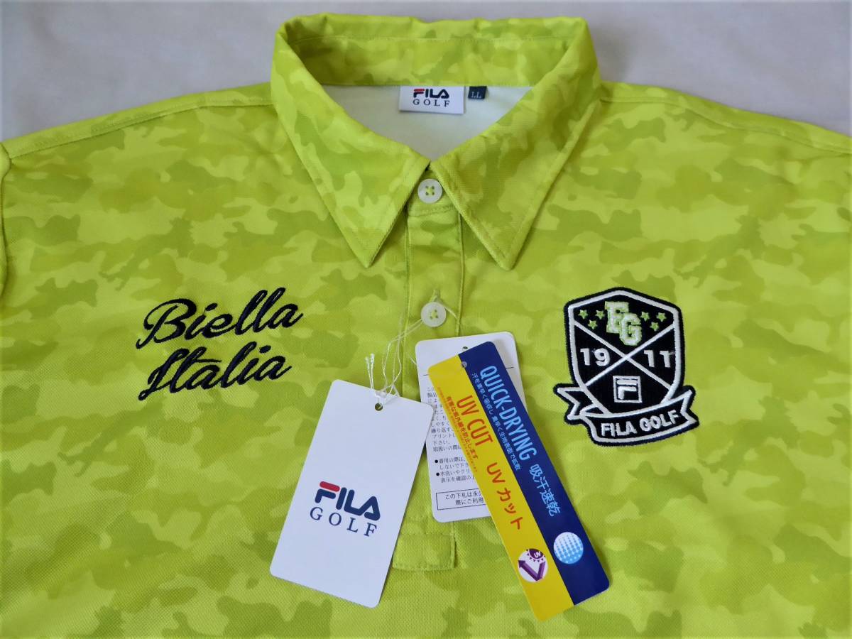 FILA GOLF フィラ ゴルフ 吸汗速乾 UV CUT ストレッチ 迷彩柄 半袖ポロシャツ　LL　ライム_画像1