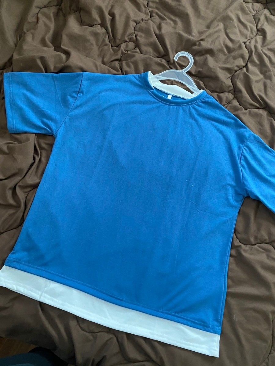 Tシャツ　XL ブルー　レイヤード　メンズ　半袖　無地　トップス　カットソー　重ね着風　カジュアル　夏