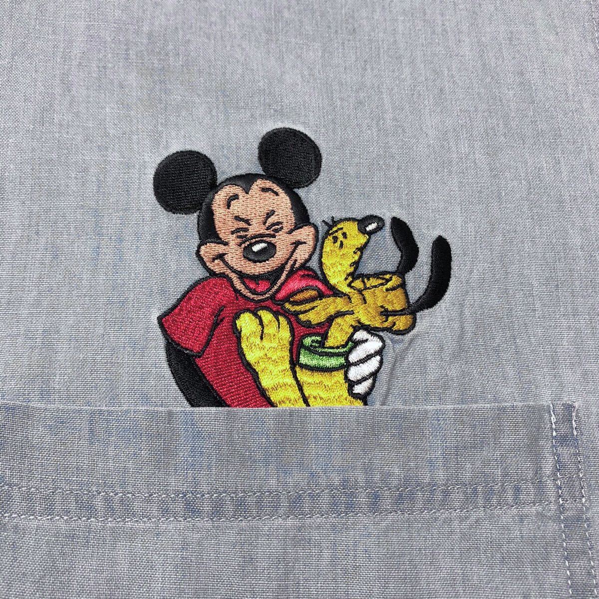 【ディズニー】ミッキープルートポケットキャラ刺繍半袖シャンブレーシャツ 90s 半袖シャツ