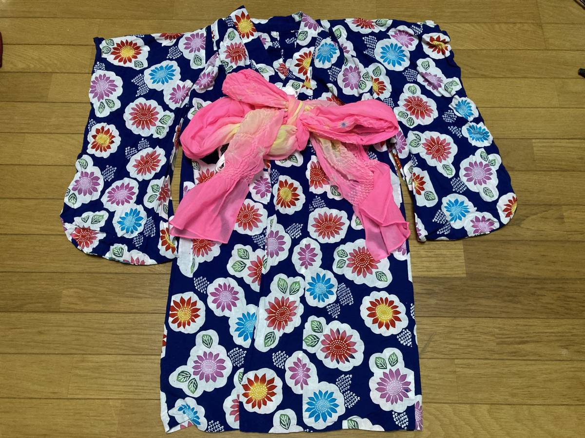 子ども 110 120 浴衣 へこ帯 セット 紺地 ひまわり 花 葉っぱ 子供