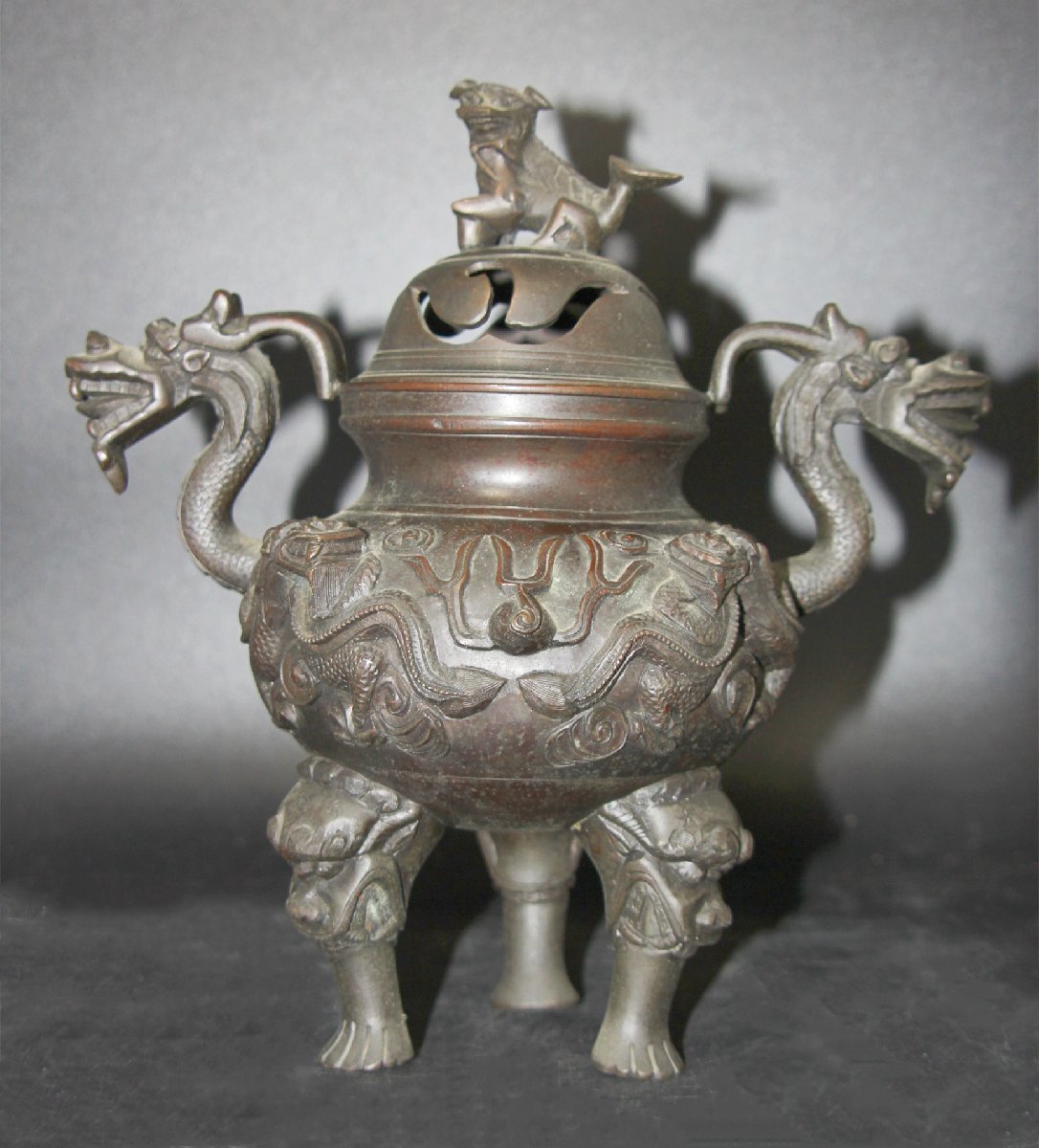 聴雲> 三足香炉 獅子 龍 銅製 煎茶道具 中国古玩 中国美術 骨董品 古