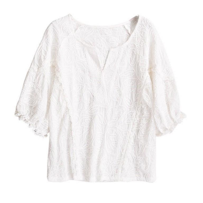 Vネックレースシャツ 五分袖 ブラウス 花刺繍 きれいめ レディース 白シャツ トップス ゆったり オシャレ 2XL_画像1