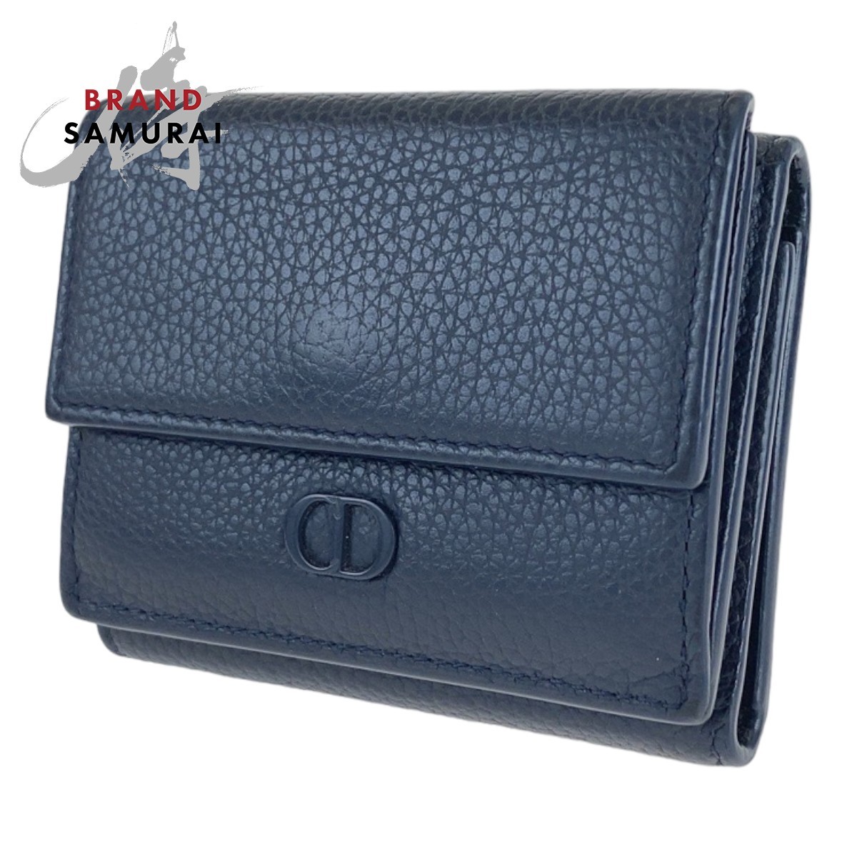Dior ディオール CD ネイビー 紺色 レザー 三つ折り財布 コンパクト財布 レディース 401454