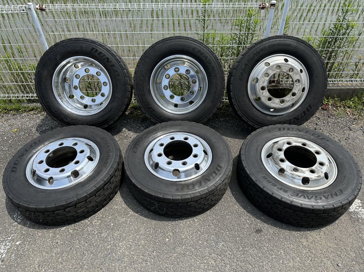 送料無料　DUNLOP SP688 245/70R19.5 低床　増トン等 住金アルミホイール　19.5×6.75 147 8穴　球面座　JIS規格　研磨済み　6本セット_画像1