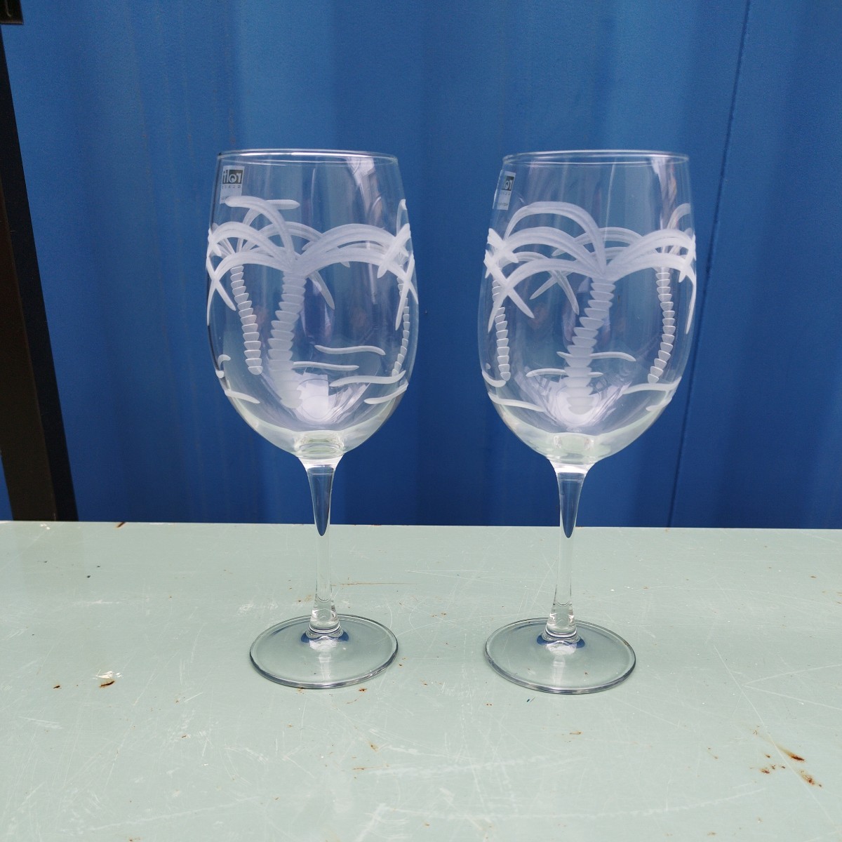 ハワイ雑貨　グラス　２点セット　ペアグラス　ワイングラス　パームツリー　インテリア　送料無料　未使用品　アメリカ製