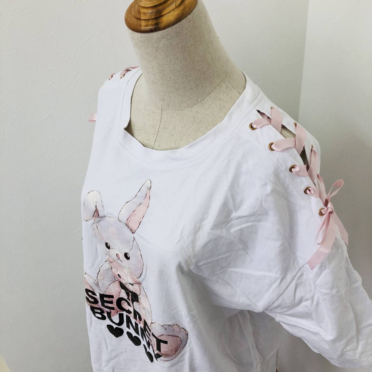 a00625 SEcret HOney シークレットハニー ビックTシャツ ワンピース ゆったり 綿100％ 肩リボン 量産型 地雷系 ガーリー うさぎ 可愛いの画像5