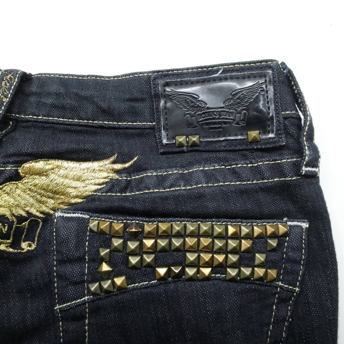 ★ROBIN'S JEAN★USA製 ロビンズジーン スタッズ＆ダメージ加工 ゴールド翼刺繍 デニムパンツ W27 濃紺★ジーンズ_画像9