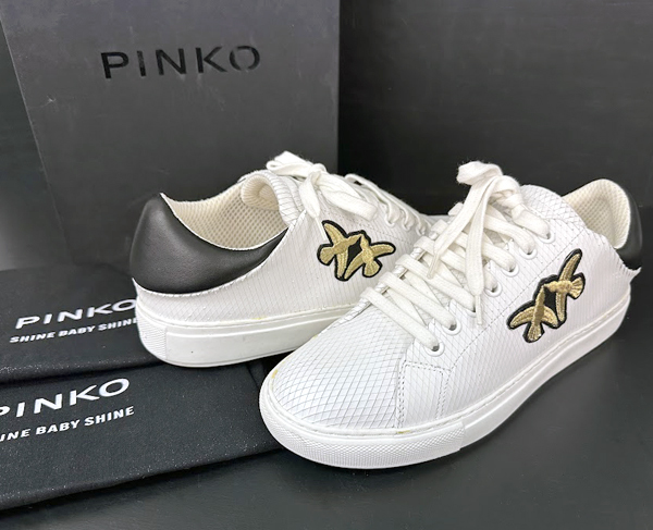 9JZ 長期保管品 PINKO ピンコ レザー スニーカー size39 ホワイト×ブラック 保存袋・箱付き_画像1