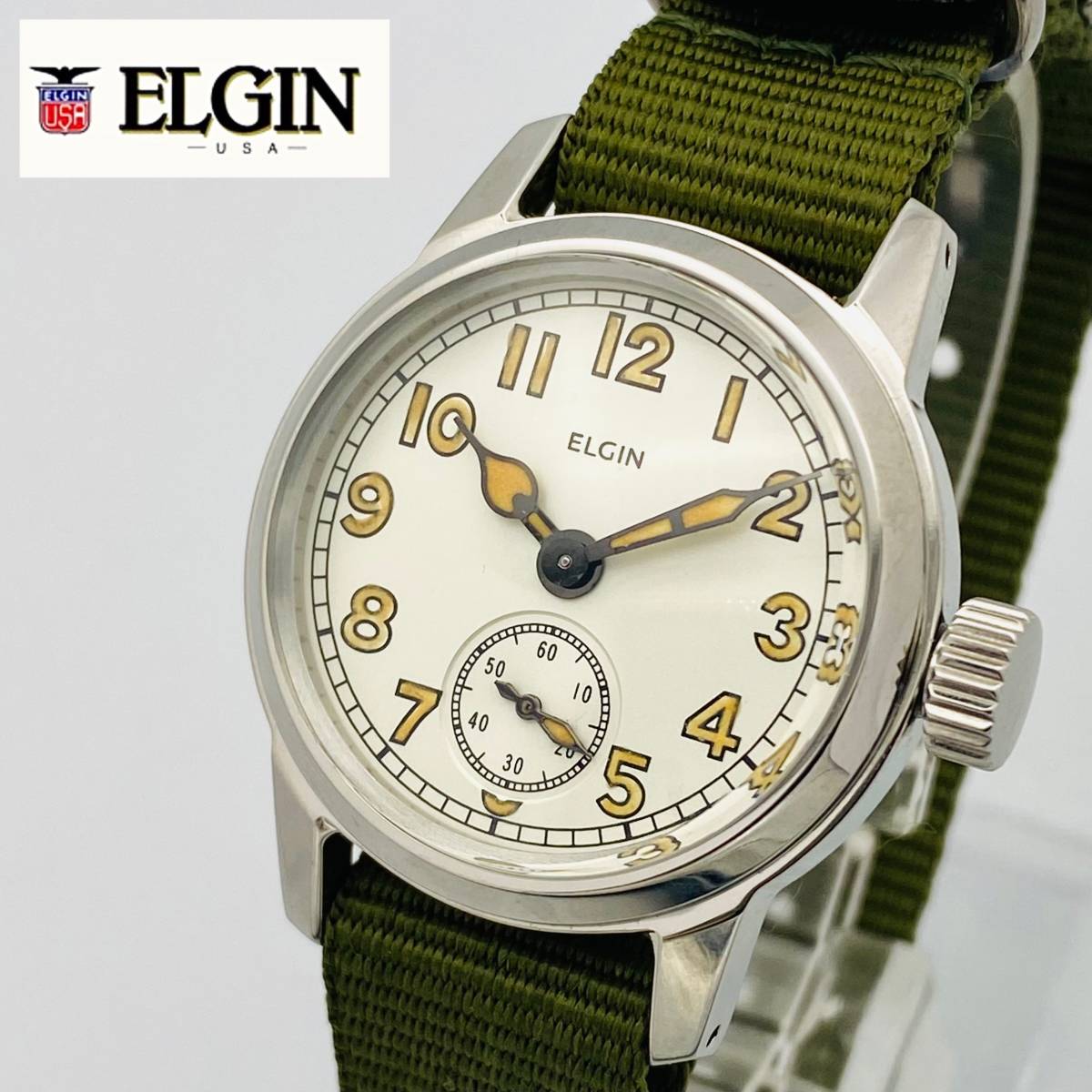 即決【美品 OH済】ELGIN エルジン アメリカ海軍 UDT◆復刻 WW2 USN BUSHIPS 手巻き ミリタリーウォッチ/希少/メンズ  腕時計/白/特殊部隊