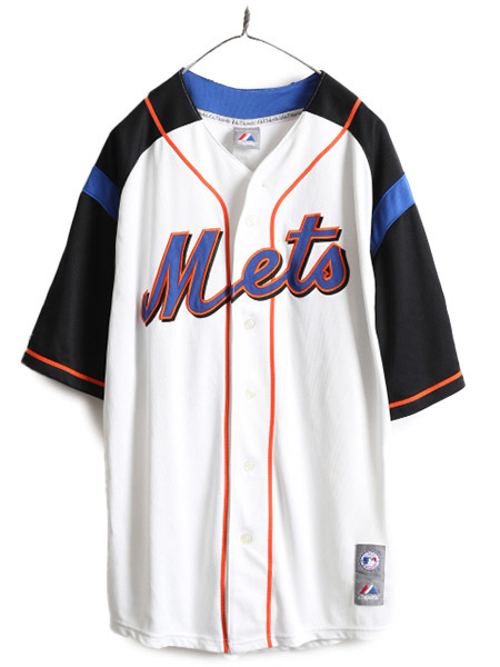 大きいサイズ XL 程■ MLB オフィシャル Majestic ニューヨーク メッツ ベースボール シャツ メンズ / 古着 ゲームシャツ ユニホーム 野球