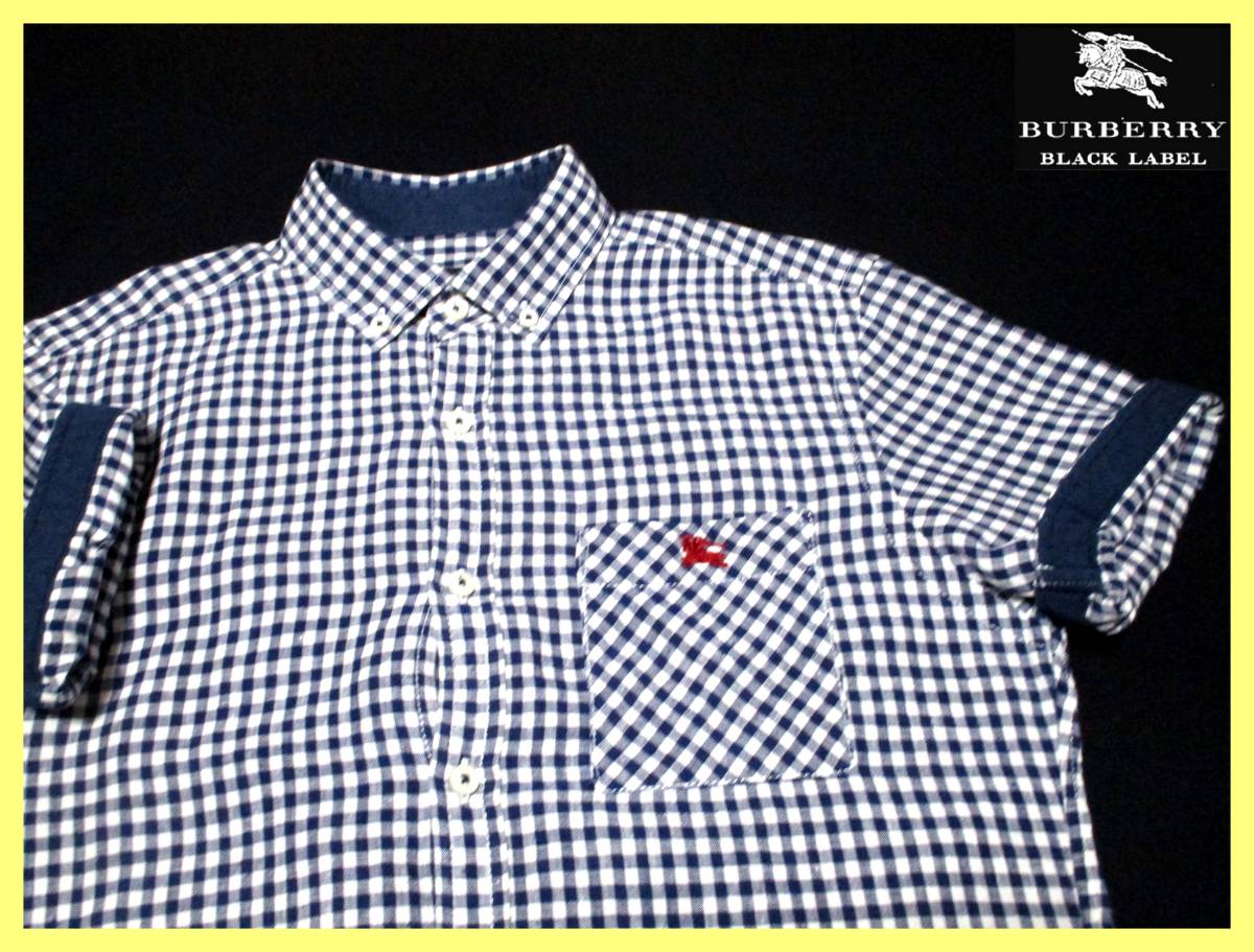 大人気サイズ L(3) 美品 バーバリーブラックレーベル レッドホース刺繍 襟内・袖口裏ネイビー ギンガムチェック総柄 ボタンダウンシャツ